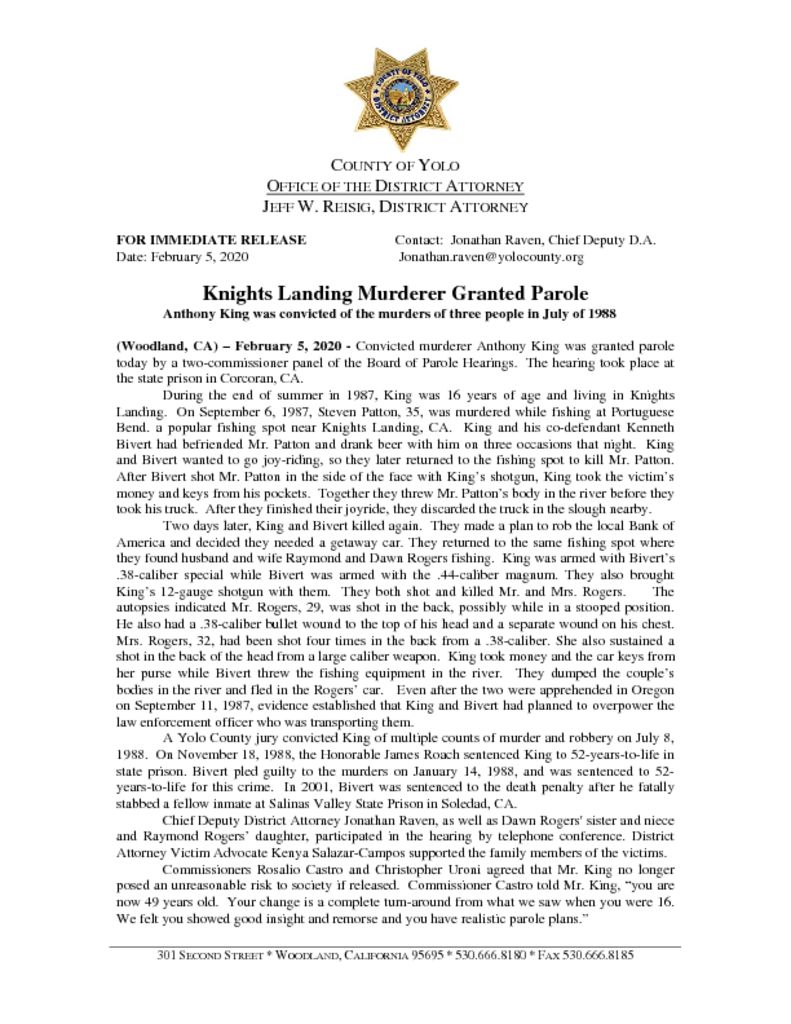 PRESS RELEASE KING LIFER HEARING - PAROLE GRANTED | Yolo County ...