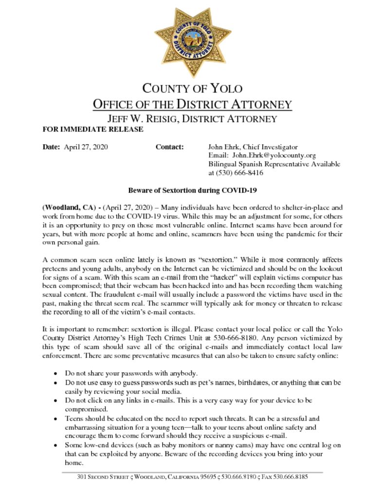 thumbnail of Press Release ~ YCDA Alert; Beware of Sextortion during COVID-19