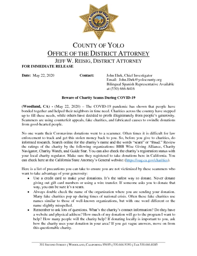 thumbnail of Press Release ~ Beware of Charity Scams During COVID-19