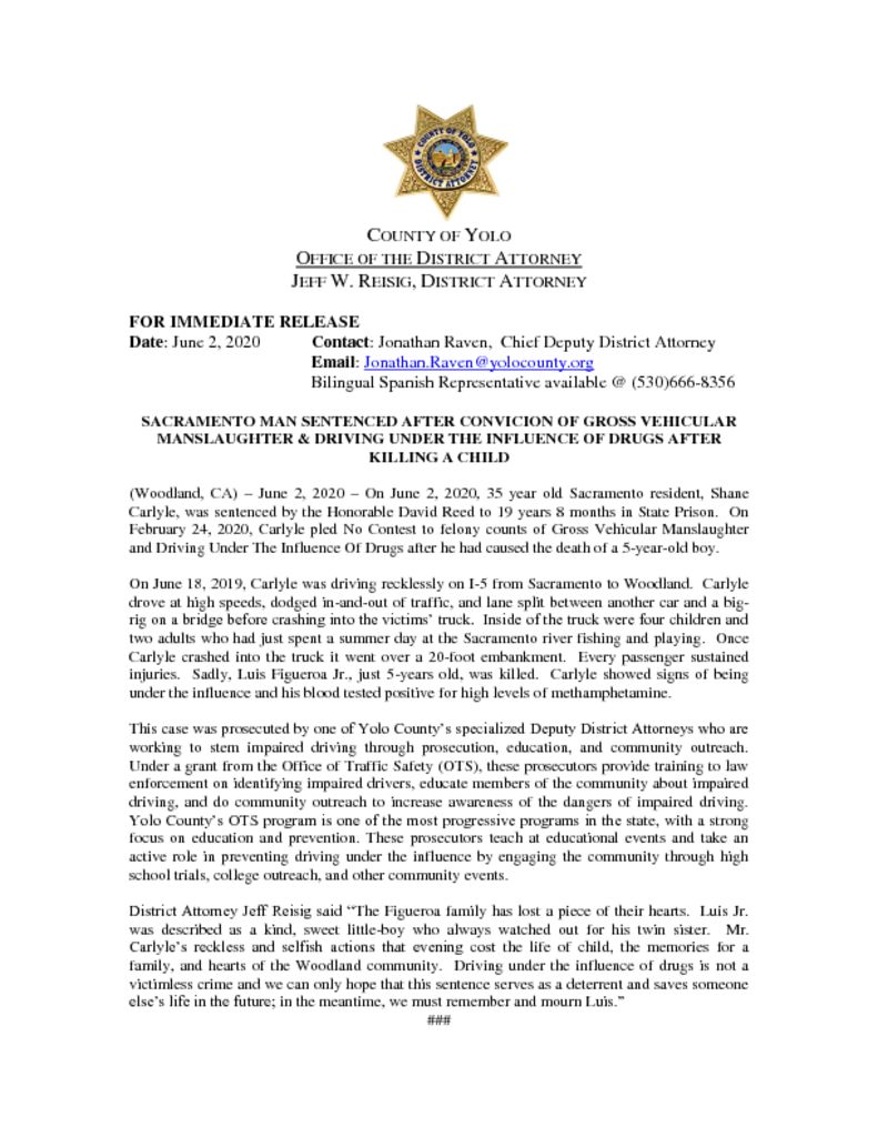 thumbnail of Press Release ~ Sacramento Man Sentenced After Conviction Of Gross Vehicular Manslaughter & Driving Under The Influence Of Drugs After Killing A Child