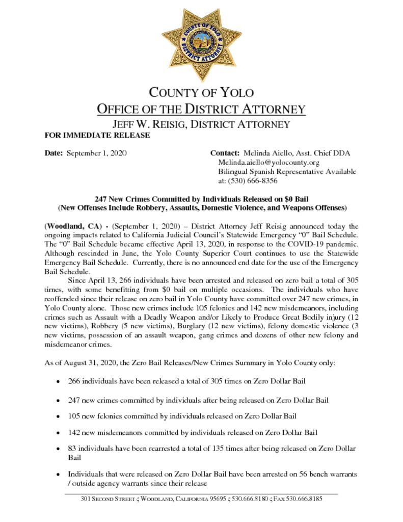 thumbnail of Press Release ~ 247 New Crimes Committed by Individuals Released on $0 Bail