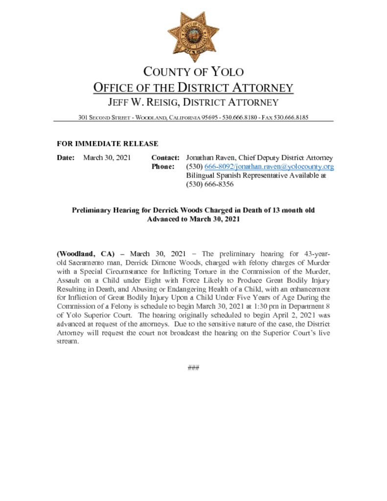 thumbnail of Press Release – Preliminary Hearing for Derrick Woods Charged in Death of 13 month old