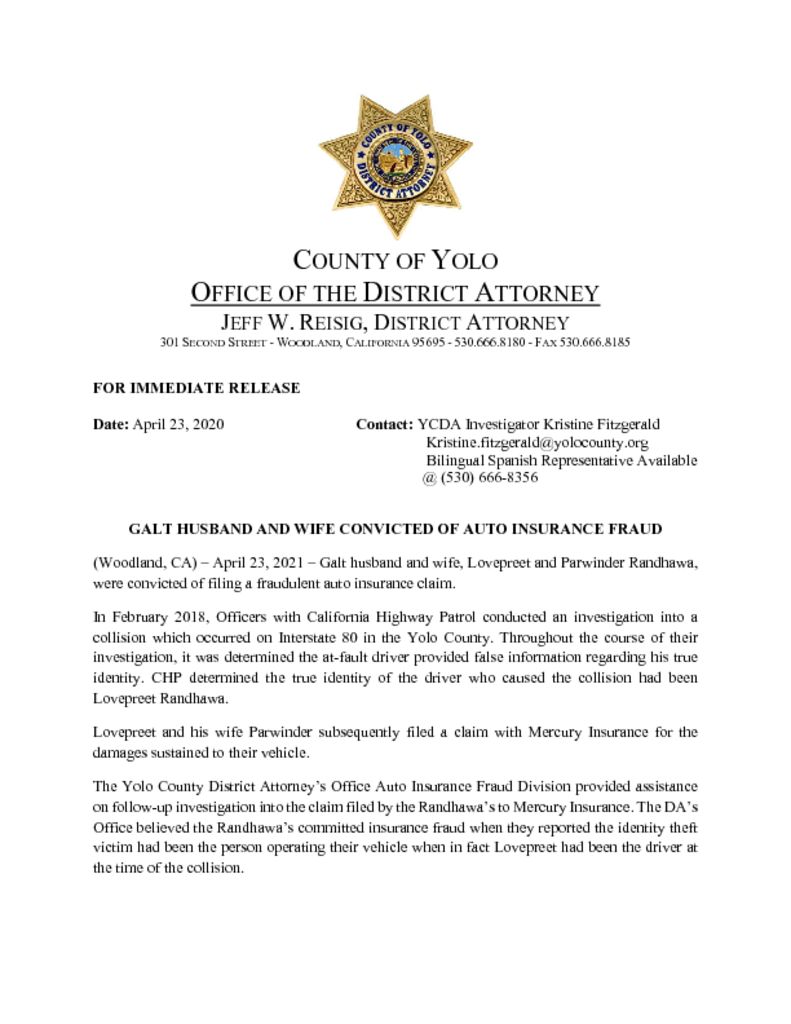 thumbnail of Press Release – Galt Husband and Wife Convicted of Auto Insurance Fraud