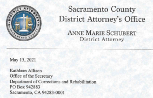 Image depicts letterhead from Sacramento DA to the CDCR Secretary Kathleen Allison