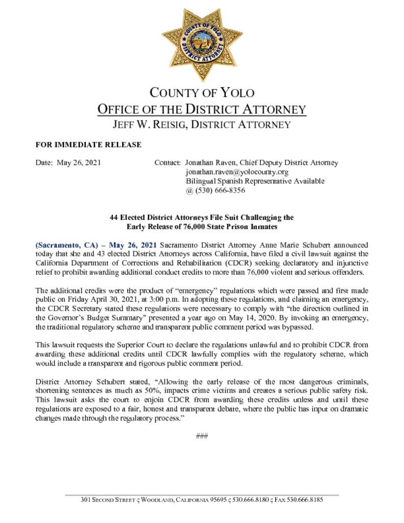 thumbnail of PRESS RELEASE 44 CA DAS FILE SUIT AGAINST CDCR CHALLENGING EARLY RELEASE OF INMATES