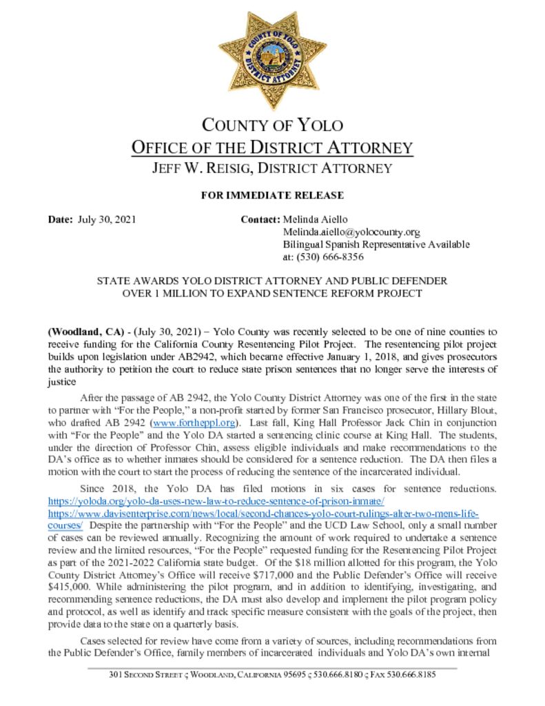 thumbnail of Press Release – State Awards Yolo District Attorney and Yolo Public Defender Over $1 Million to Expand Sentence Reporm Project