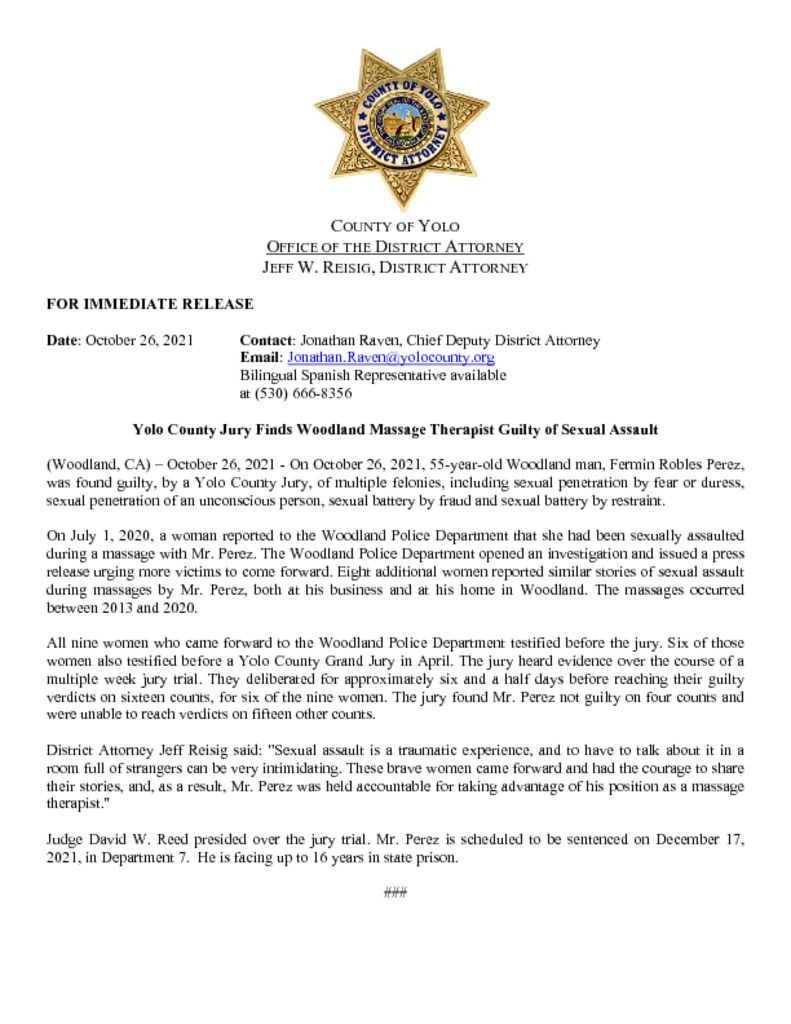 Press Release Massage Therapist Convicted Of Sexual Assault Yolo County District Attorney