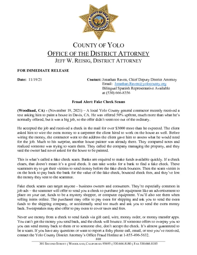 thumbnail of PRESS RELEASE FAKE CHECK SCAM