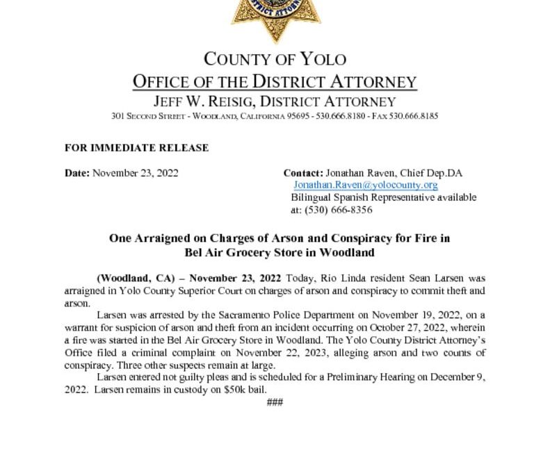 thumbnail of PRESS RELEASE ONE ARRAIGNED ON ARSON CHARGES AFTER BEL AIR FIRE