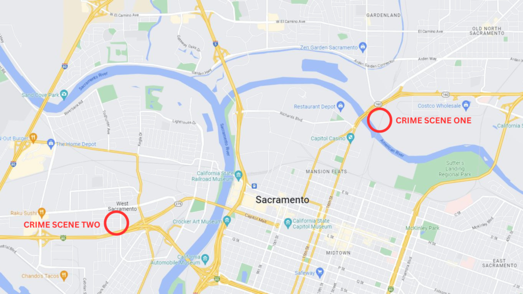 Image depicts a map that identifies the two different crime scenes.