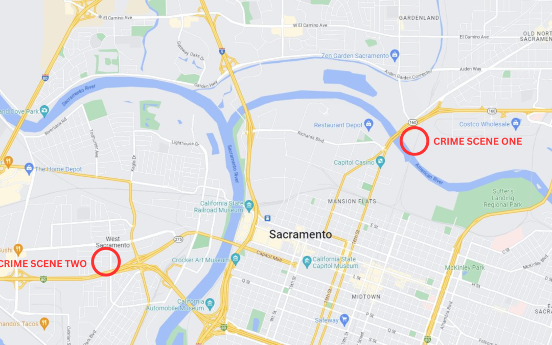 Image depicts a map that identifies the two different crime scenes.