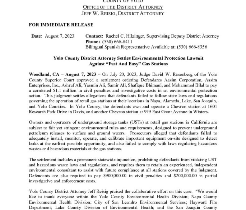thumbnail of PRESS RELEASE FAST AND EASY GAS STATIONS SETTLE ENVIRONMENTAL PROTECTION LAWSUIT
