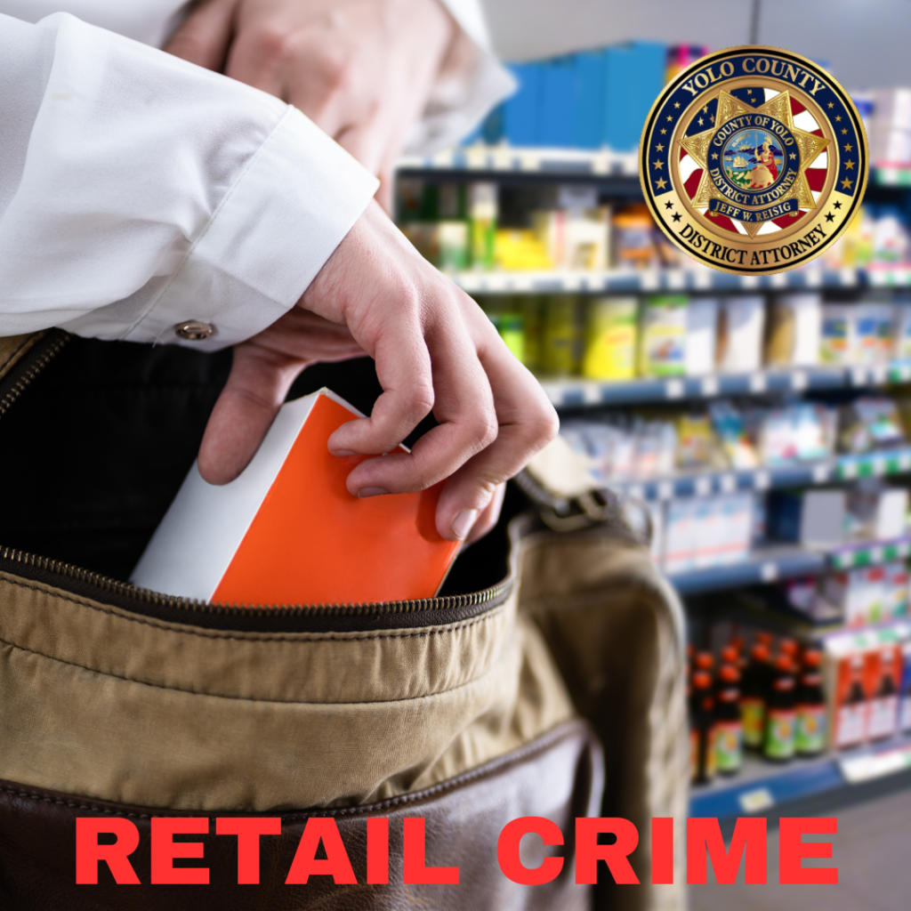 Image depicts a person shoplifting with a caption of "Retail Crime."