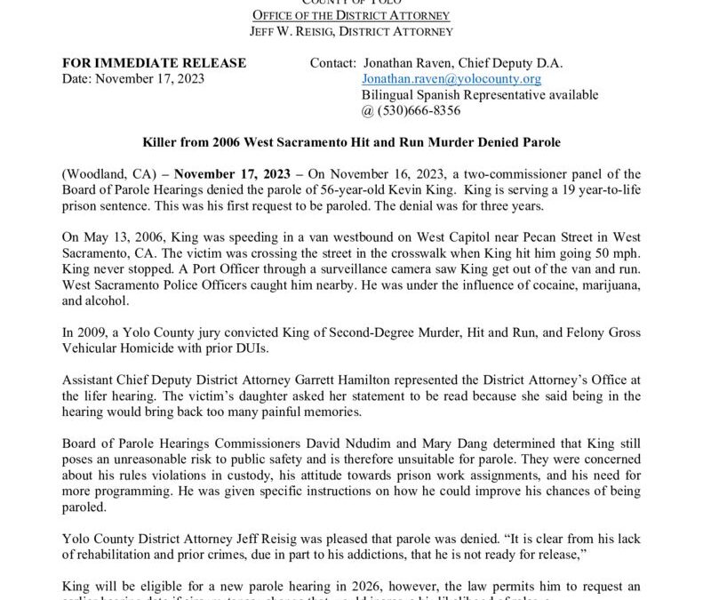 thumbnail of PRESS RELEASE KEVIN KING PAROLE DENIAL