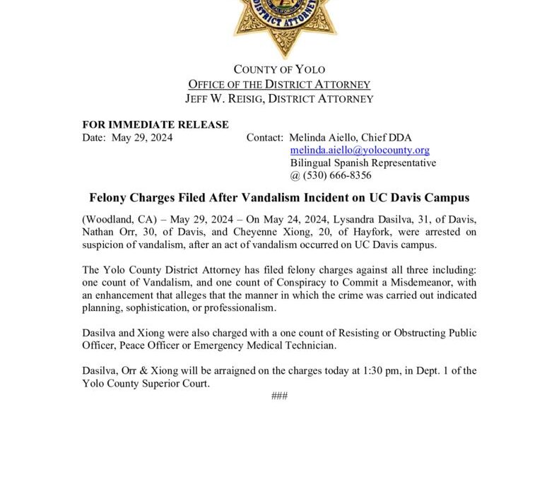 thumbnail of PRESS RELEASE FELONY CHARGES FILED AFTER VANDALISM OF YIN AND YANG EGG HEAD SCULPTURE ON UC DAVIS CAMPUS