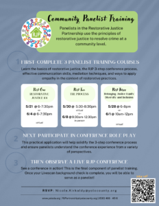 Image depicts a flyer announcing the RJP training sessions as outlined in the press release.