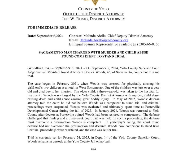 thumbnail of PRESS RELEASE SACRAMENTO MAN FOUND COMPETENT TO STAND TRIAL IN MURDER AND CHILD ABUSE CASE