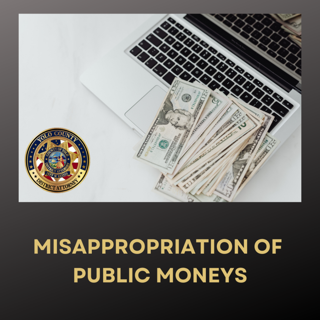 Image depicts a computer and a stack of money with the words misappropriation of public moneys