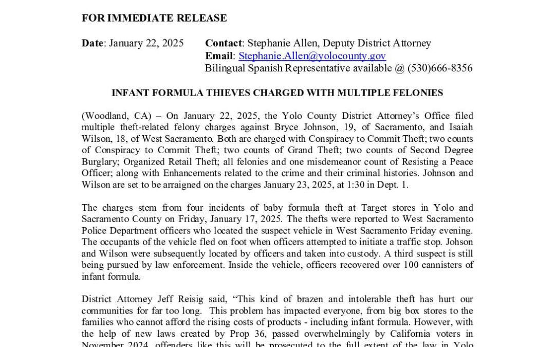 PRESS RELEASE CHARGES AGAINST BABY FORMULA THIEVES - FELONIES UNDER ...
