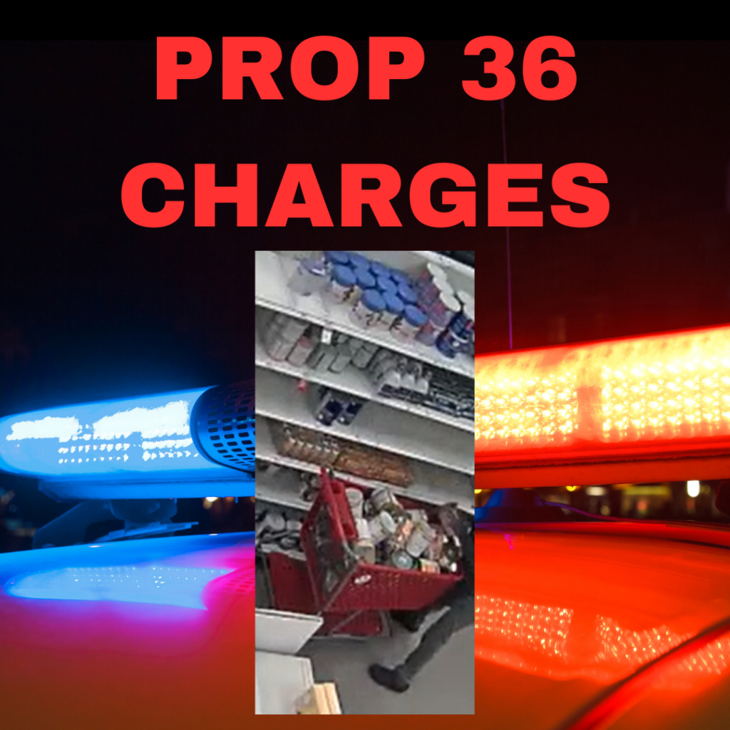 Image depicts the words "Prop 36 Charges" with police lights and the cart full of baby formula in front of the empty shelf.